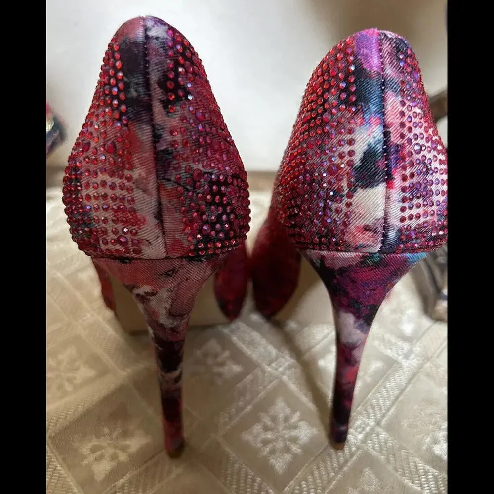 😎🩷Steve Madden Size 6M Eclipse Red Platform Stiletto Open Toe Beaded Heels🩷